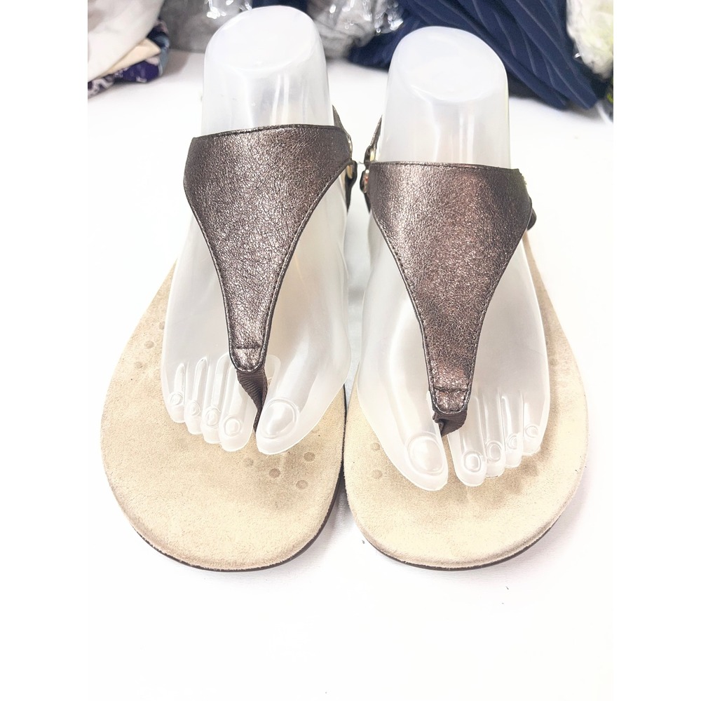 Vionic Kirra Metallic Bronze Pewter Leather Orthotic Thong Sandals Womens 10